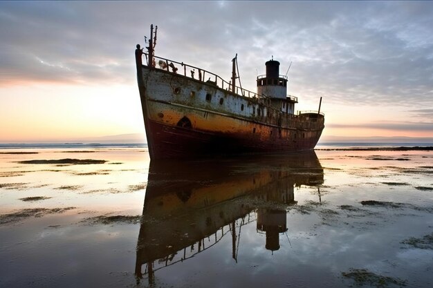 Abandoned Shipwreck Abandoned Shipwreck Abandoned Shipwreck 물 생성 AI에 부분적으로 잠긴 부패하고 녹슨 금속 구조