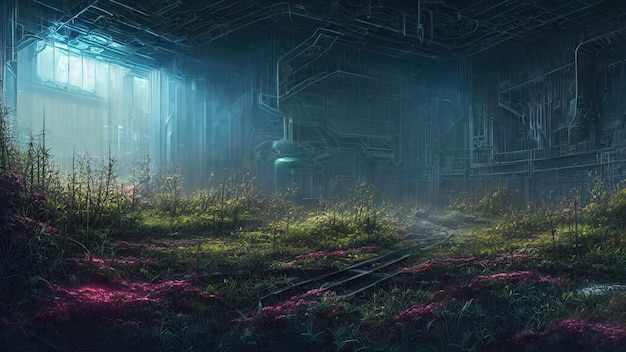 Abandoned space station overgrown with vegetation plants and grass empty room Light from windows and portholes illuminates hall of space station Something strange is happening 3d illustration