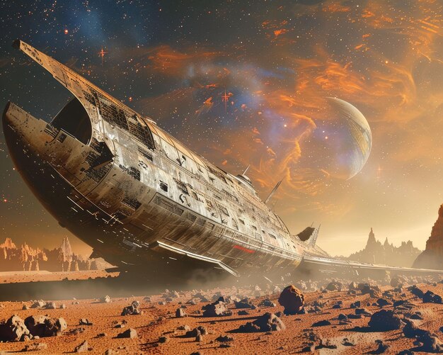 Abandoned spaceship on an alien planet cosmic mystery