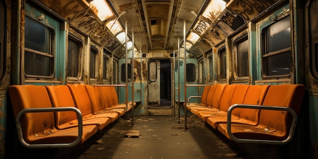 Abandoned subway carriage with vibrant orange seats awaits its next rush