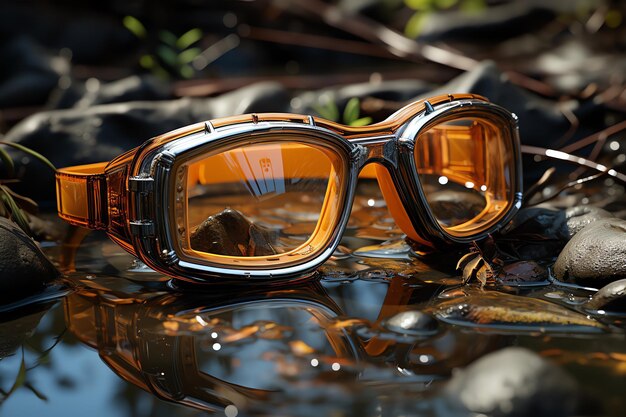 Abandoned swim goggles at the edge of a drained pool