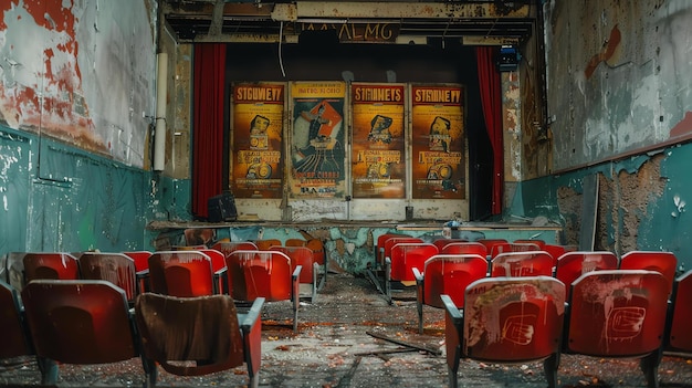 Photo an abandoned theater with red velvet seats and a faded stage