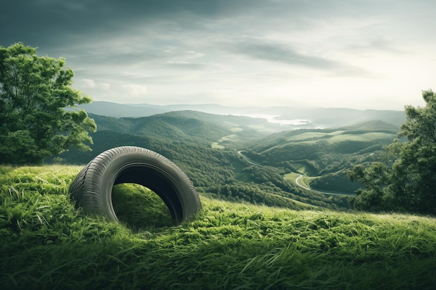 自動車産業の汚染と廃棄物によって引き起こされた環境被害を象徴する草の中に横たわっている放棄されたタイヤ