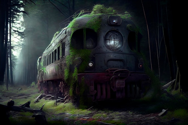 이끼가 낀 어두운 숲 한가운데 버려진 기차 잔해