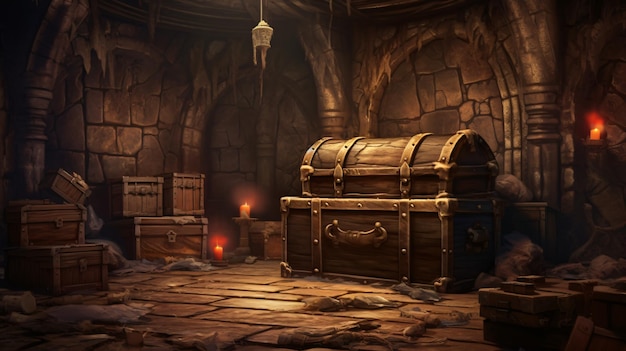 Abandoned treasure chest in a fantasy room