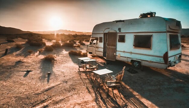Фото Заброшенный курортный трейлер в пустыне один и сухой под ярким солнцем