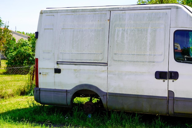 Photo abandoned and vandalized van panel truck