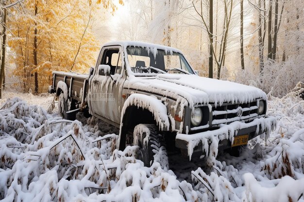 An abandoned vehicle covered in snow