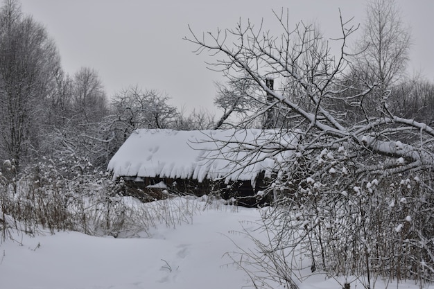 Abandoned village in the snow in winter