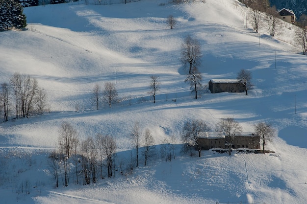 Abandoned village surrounded by snow