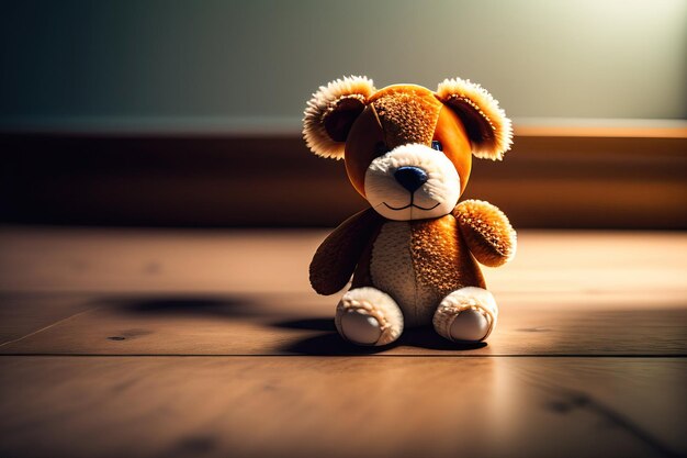 Abandoned vintage plush toy on wooden floor