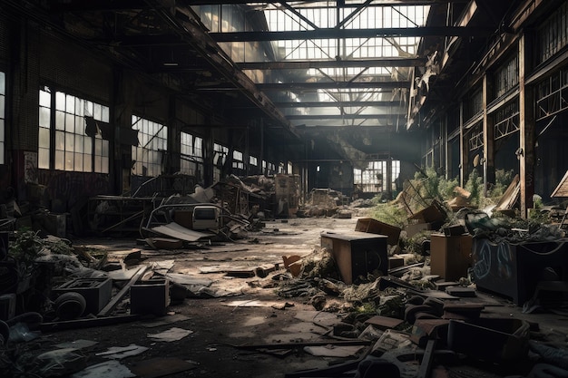 Abandoned warehouse with broken windows debris and dust