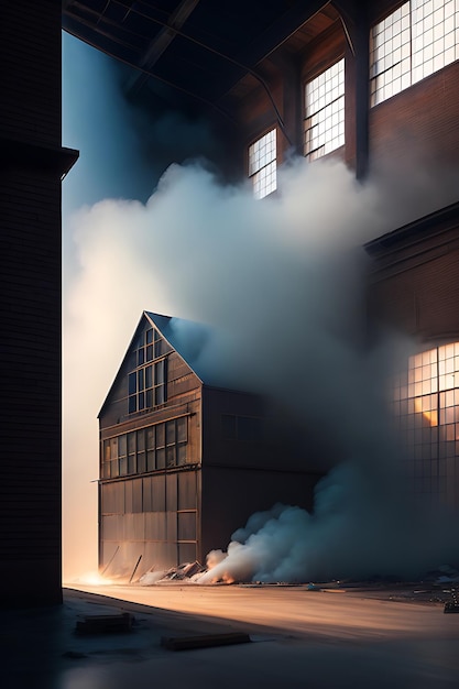 Abandoned warehouse with dramatic smoke and light streaming through the windows Boxes and crates