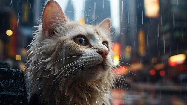 Photo abandoned white cat under the rain in the city