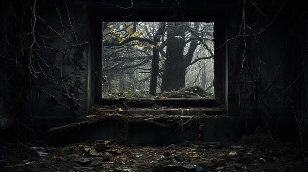 Foto finestra abbandonata un ritratto inquietante di un paesaggio apocalistico