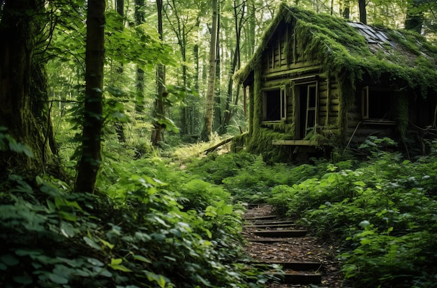 Photo abandoned wooden house overgrown in forest