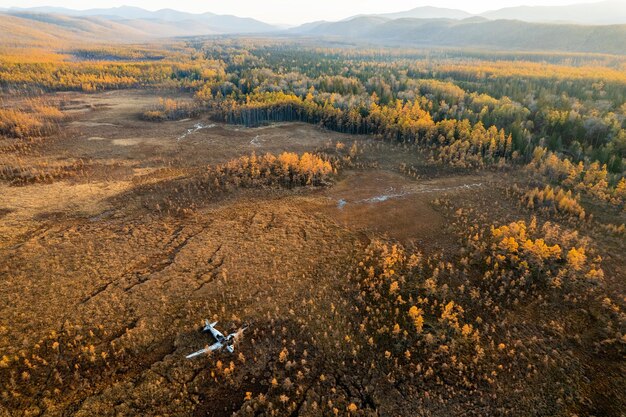 Foto relitto aereo abbandonato in una palude circondata da larici in russia