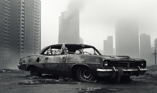 Abandoned wrecked car in a city symbolizing urban decay amidst architecture