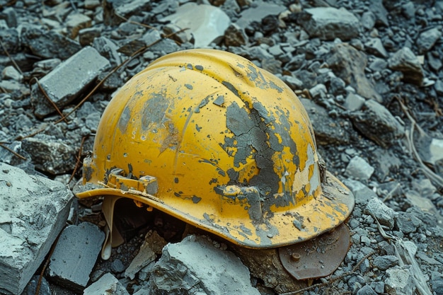 Abandoned Yellow Hard Hat Amidst Rubble and Debris at Construction Demolition Site