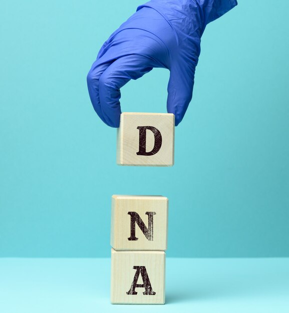 木製の正方形のブロック、青い表面の略語DNA