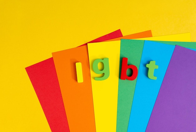 Photo abbreviation lgbtq on color background top view