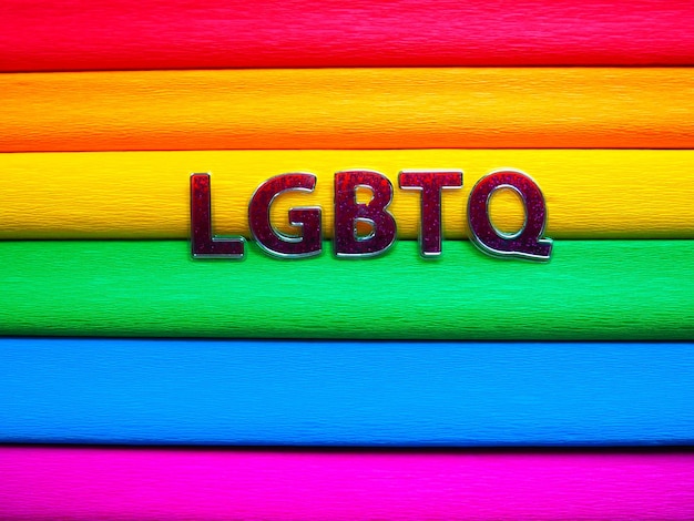 Abbreviation LGBTQ letter text Purple LGBTQ lettering on the background of the rainbow flag