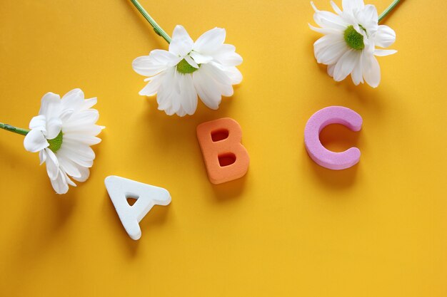 Abc - de eerste letters van het engelse alfabet en drie witte chrysanten