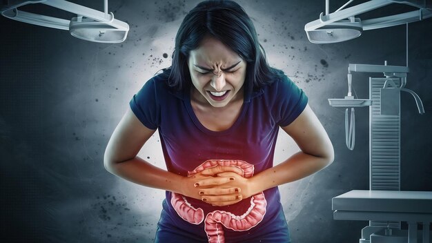 Abdominal pain woman photo of large intestine on woman body stomachache diarrhea symptom menstru