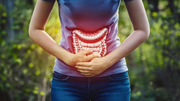 Abdominal pain woman photo of large intestine on woman body stomachache diarrhea symptom menstru