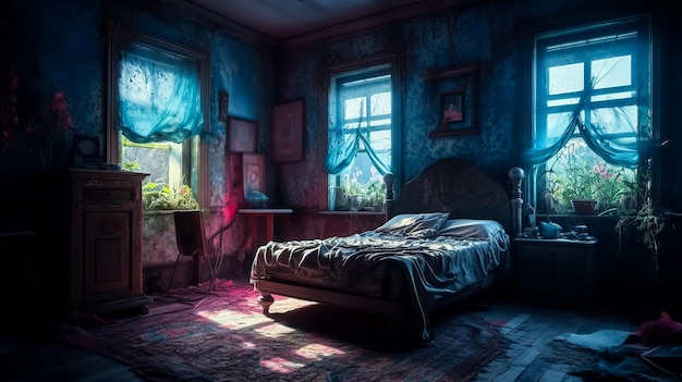 Photo abounded horror room in neon lights with natural lights coming from window