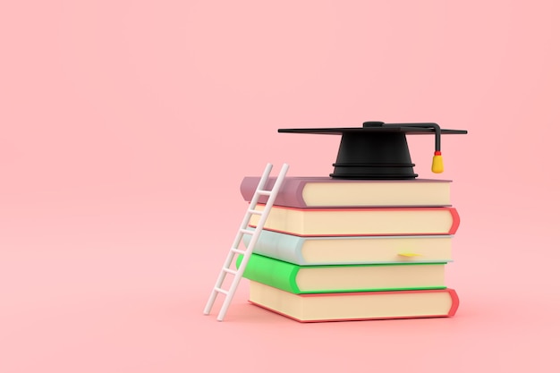 사진 위에 졸업 모자가 있는 책 더미에 기대어 있는 사다리를 특징으로 하는 교육 정보