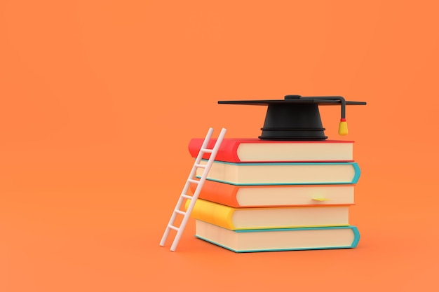 Photo about education featuring a ladder resting against a pile of books with a graduation cap on top