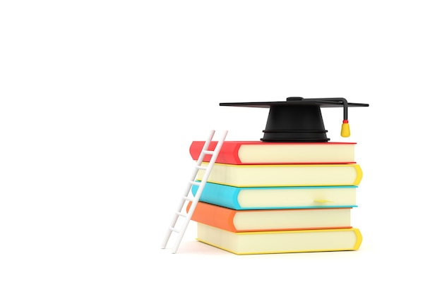 About Education Featuring a Ladder Resting Against a Pile of Books With a Graduation Cap on Top