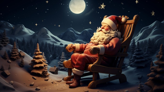 Photo about happy santa clause take a nap on the bench with stars glitter and snow field generative ai