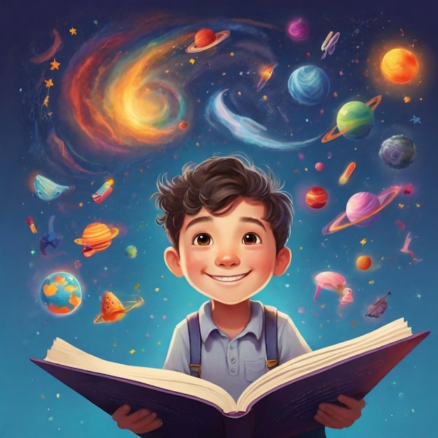 Aboy houdt een boek vast met de woorden het universum erop.