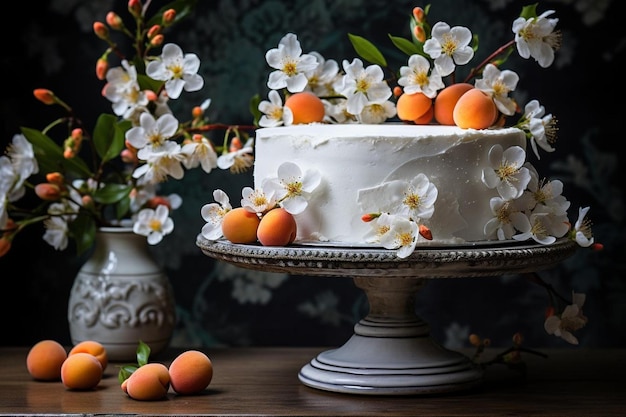 Abrikozen op witte taartstand met bloemen 4K Abrikozen beeldfotografie