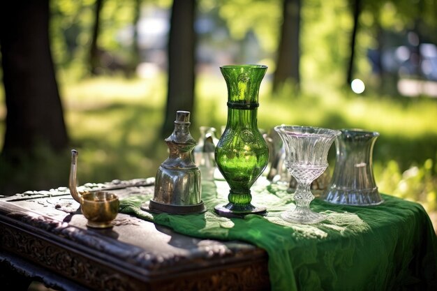 Absinthe glaswerk en fles op een zonnige picknickdag gemaakt met generatieve AI
