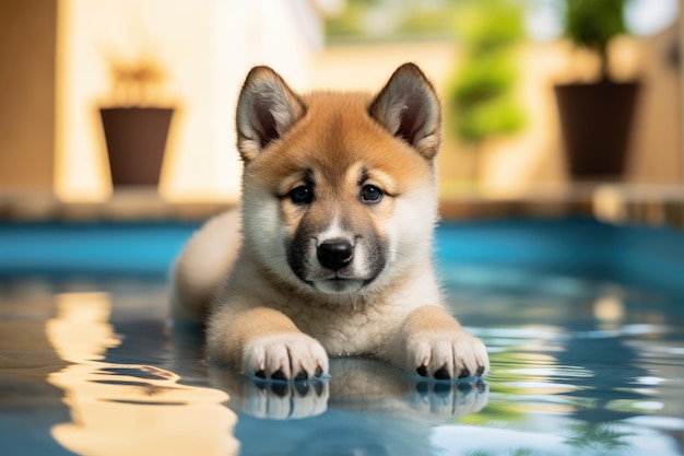 An absolutely cute akita inu puppy is sitting close to a small pool of water on a rug in its home