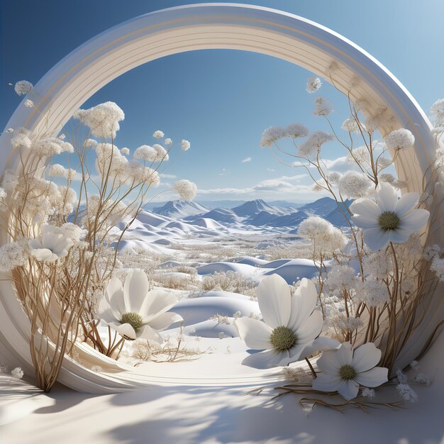 Foto rendering 3d astratto di scena invernale e sfondo naturale del podio generato da ai