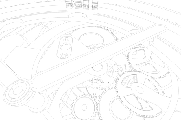 Abstaract 3D-rendering illustratie van horloges met versnellingen. Schets op zoek omtreklijnen.