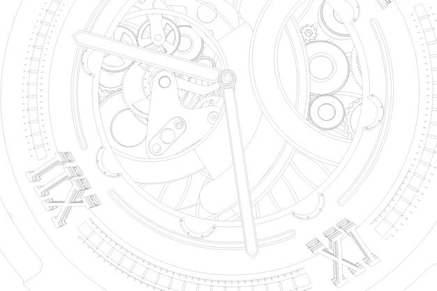 Abstaract 3D-rendering illustratie van horloges met versnellingen. Schets op zoek omtreklijnen.