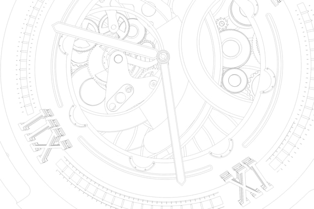 Abstaract 3d rendering illustration of watches with gears. Sketch looking outline lines.