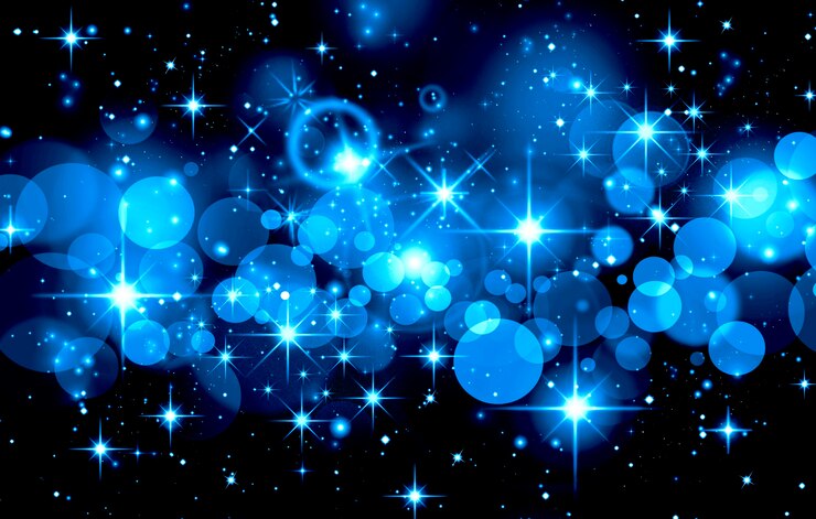 Photo 青いクリスマスの星と黒の背景にボケライトのabstracキラキラ
