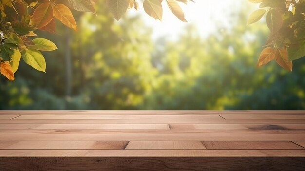 Abstrac natural wood table with leaves in the park