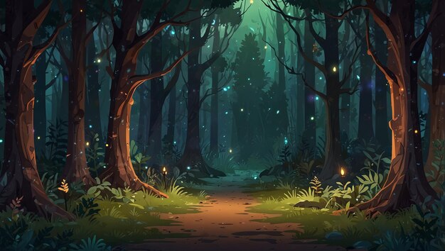 Photo abstract 2d enchanted forest clearing background for fantasy or rpg game forest clearing cartoon style with magical lights and trees 2d style