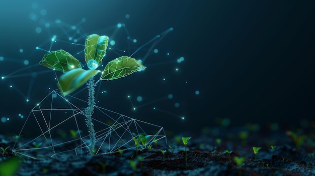 토양에서 아오르는 식물의 디지털 와이어 프레임과 함께 생명 기술 개념의 추상적인 3D 애니메이션 빛나는 노드와 연결 라인은 자연의 융합을 나타니다.