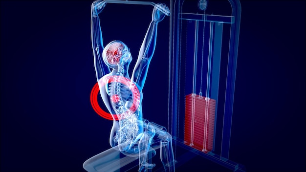 위도 풀다운 기계에 있는 남자의 추상 3D 예술