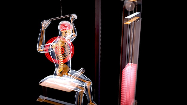 위도 풀다운 기계에 있는 남자의 추상 3D 예술