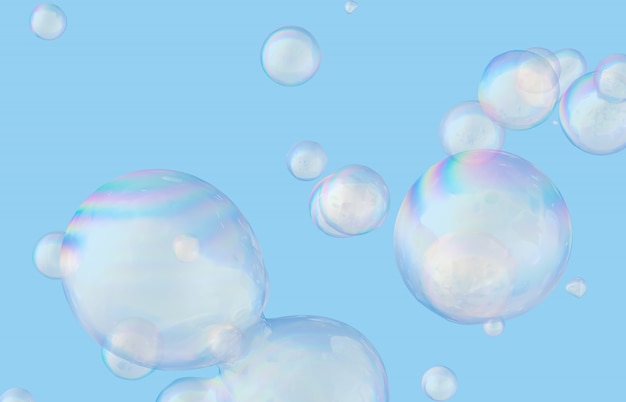 Abstract 3d art with holographic floating liquid blobs, soap bubbles.