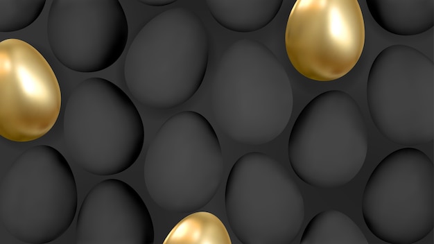 Abstract 3d background with realistic golden and black eggs. Vector.